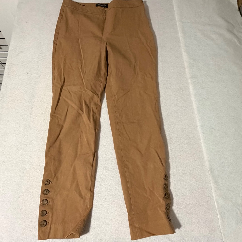 Talbots Chatham Ankle Pants 4 Camel Tan Side Zip Button Cuff Cotton Stretch